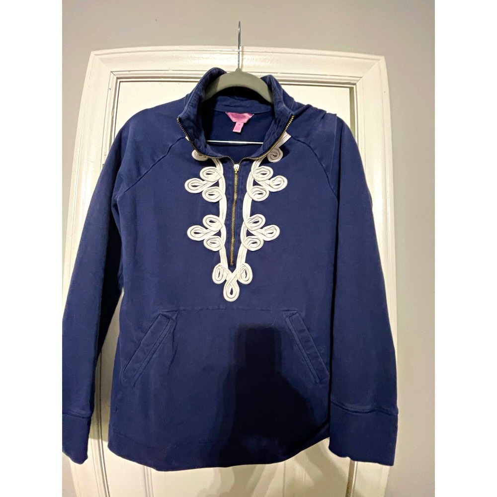 Lilly Pulitzer XS Navy/White Terry Cotton 1/4 Zip Mock Neck Sweatshirt Pockets